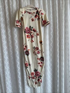 #909 Cream Floral Sleeveless Kids knotted Gown - Soft Floral Nightgown
